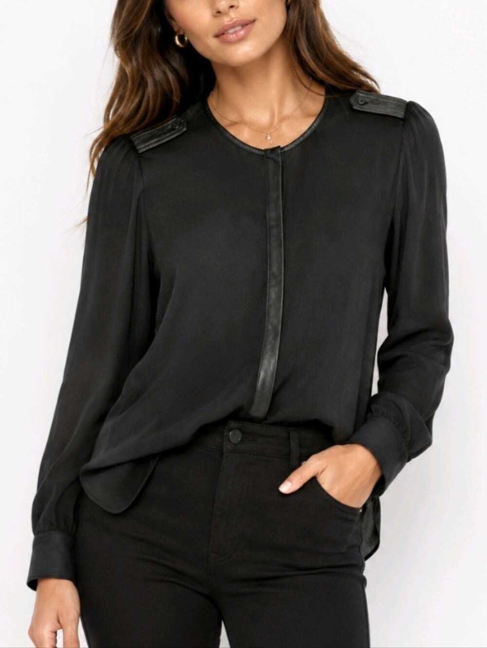 Club Monaco Blouse Black 100% Silk Leather Trim Size L